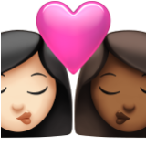 Apple(iPhone) Kiss: Woman, Woman, Light Skin Tone, Medium-Dark Skin Tone Emoji