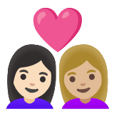 Google(Android) Couple With Heart: Woman, Woman, Light Skin Tone, Medium-Light Skin Tone Emoji